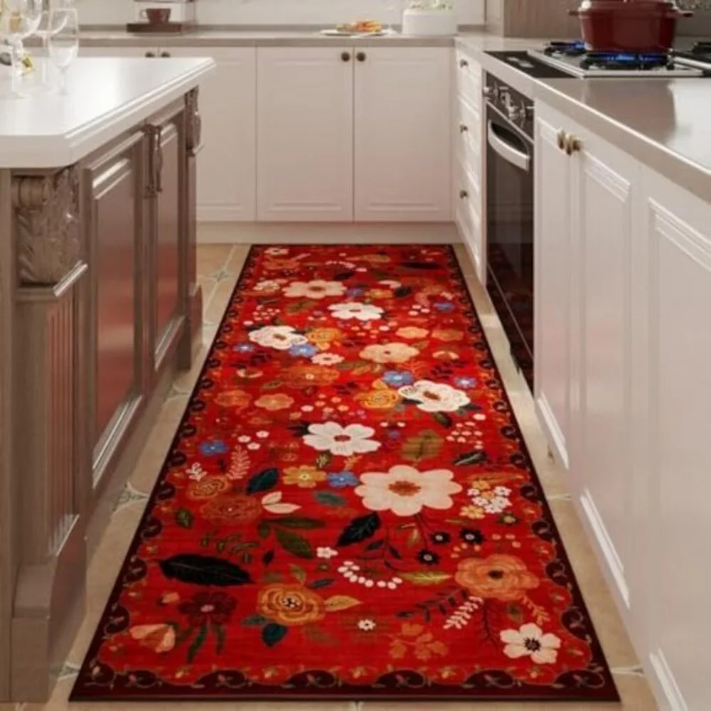Non Slip 2 x 6 Red Washable Runner Rugs with Rubber Backing Soft Floral Carpet